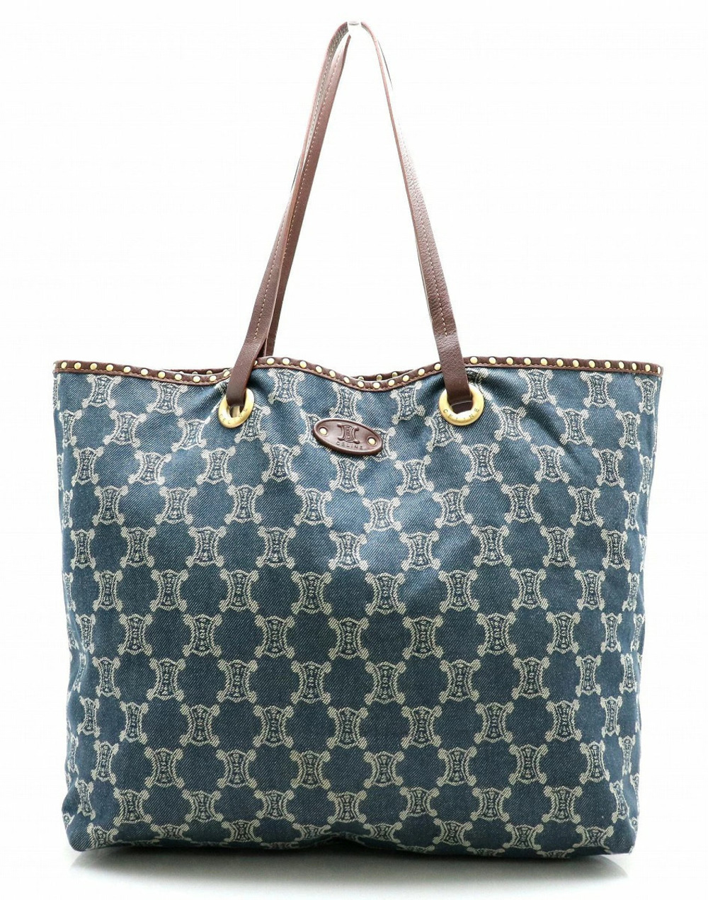 Celine Macadam denim tote bag shoulder leather dark brown